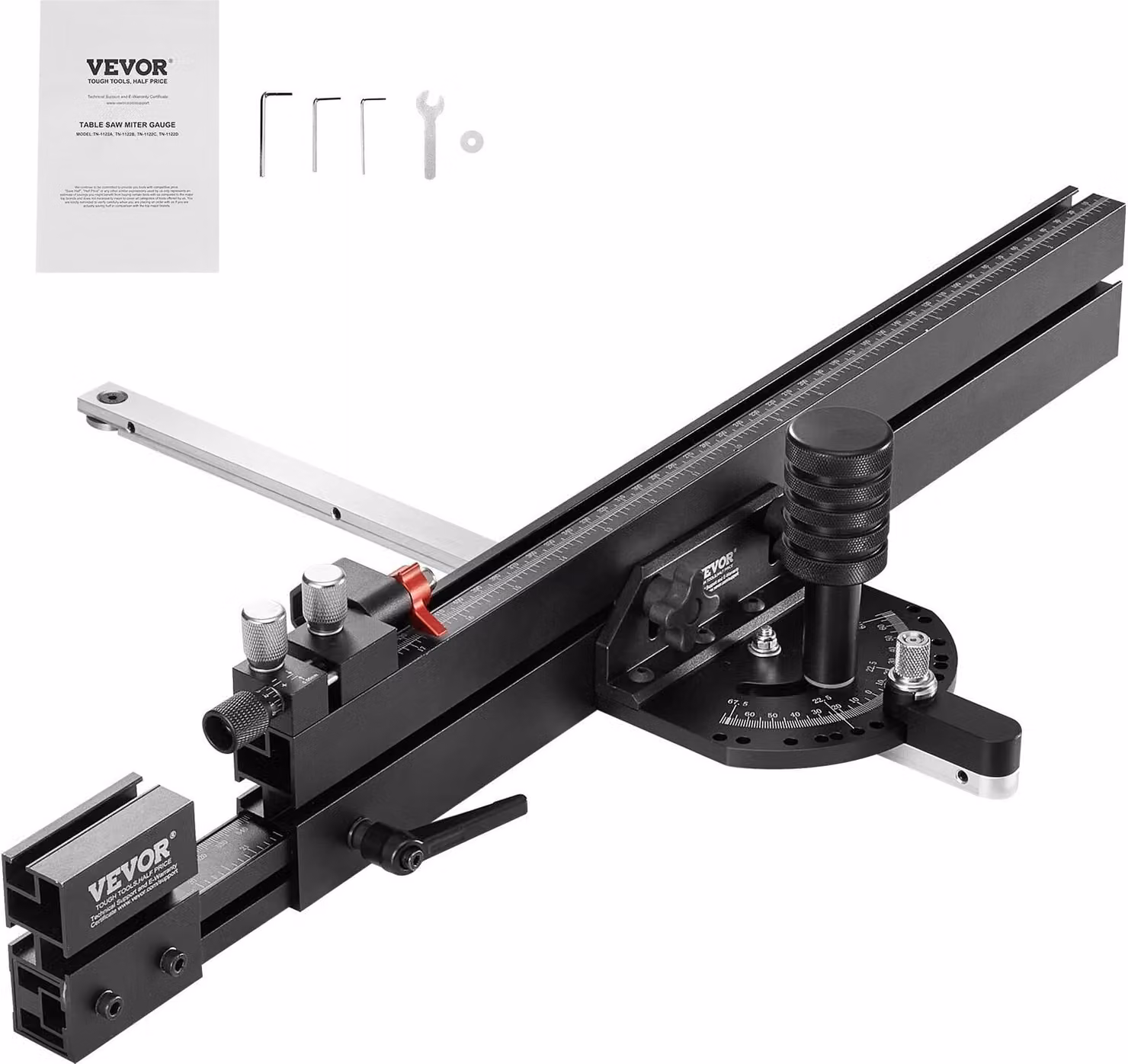 Guida obliqua, scanalatura standard 19 x 9,5 mm, in lega di alluminio con griglia da 48 a 89 cm, 15 battute angolari, pistone regolabile e disco rimovibile, per la lavorazione del legno