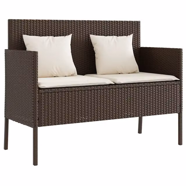 Panchina da giardino moderna in polyrattan marrone e bianco con cuscini e braccioli