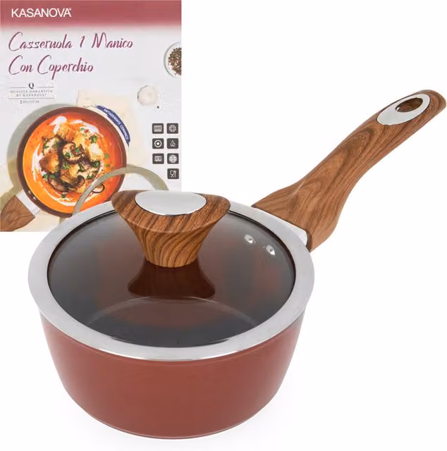 Casseruola con manico e coperchio in vetro Kasanova New Ceramic, colore rosso, diametro 16 cm