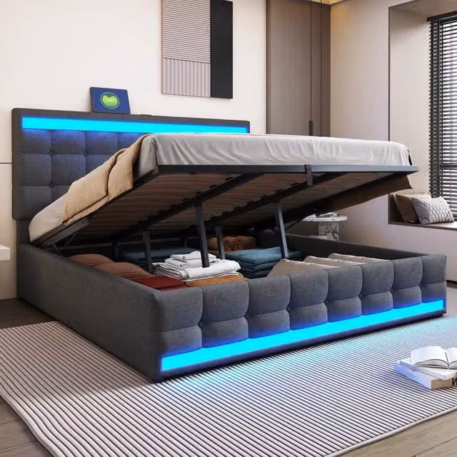 Letto Contenitore Imbottito 180x200 ¨C MINIMAL ¨C Grigio, LED, USB, Idraulico