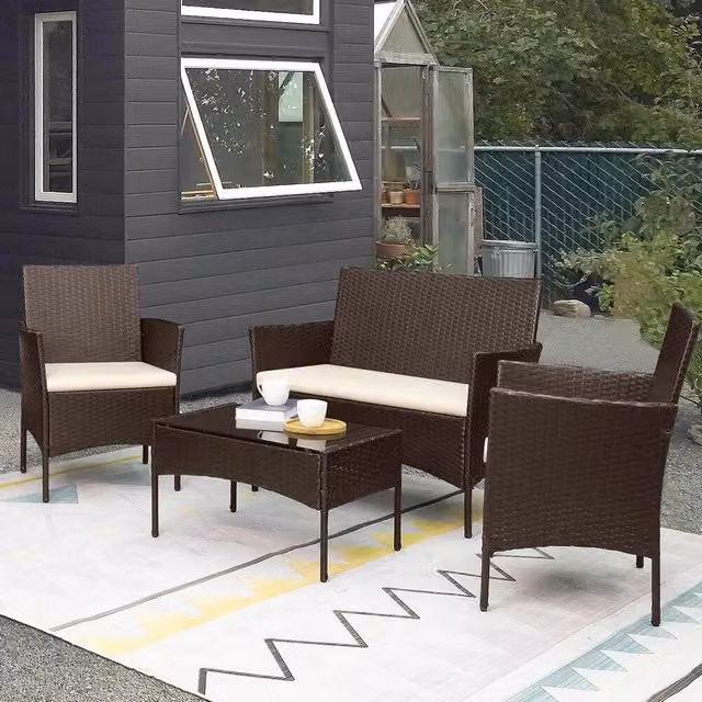 Set da Giardino 4pz in Polyrattan 2 Poltrone 1 Tavolino 1 Divano uso Esterno Marrone