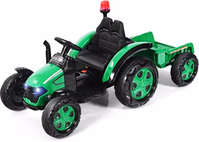 Trattore elettrico per bambini con rimorchio e telecomando, Trattore giocattolo con cintura di sicurezza Verde