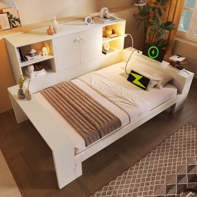 Letto estraibile Mivray bianco con vani contenitore, luci di lettura integrate, mensola e porte USB/USB-C, L/P/H: 180 x 200 x 133 cm