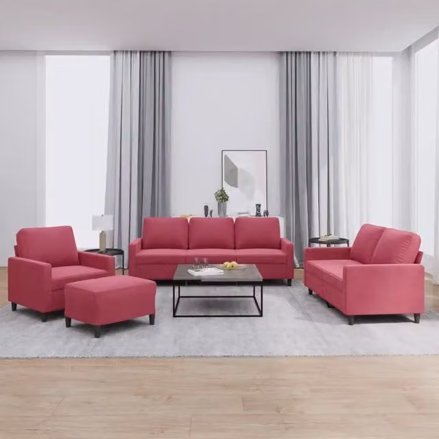 Set di divani 4 pezzi vidaXL in velluto rosso con pouf e cuscini per soggiorno moderno – 1