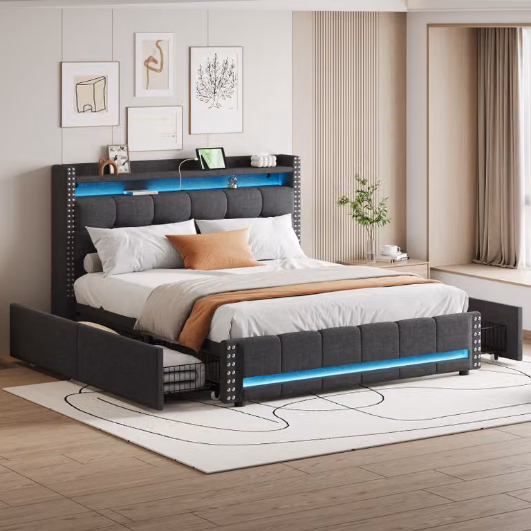 Letto imbottito Flieks 160x200cm con funzione di ricarica (USB e presa), letto contenitore con 4 cassetti, letto per ragazzi letto matrimoniale con LED, biancheria da letto in legno, grigio