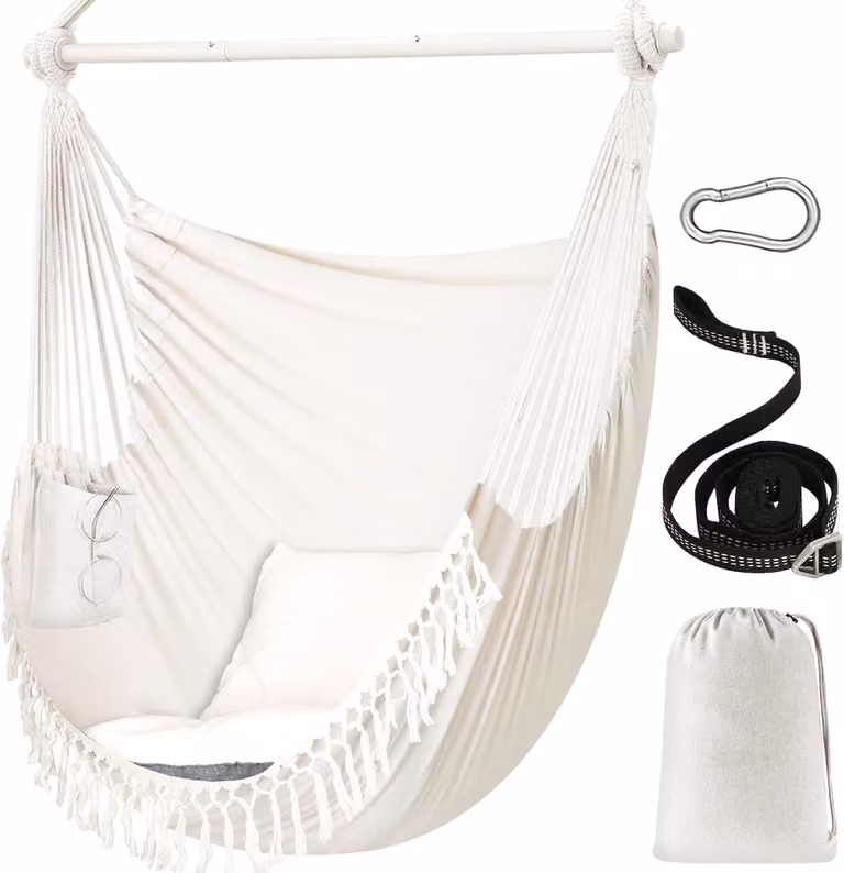 Sedia a dondolo sospesa, dimensioni 150x120 cm, portata 227 kg, 2 cuscini, struttura in metallo, adatta sia per interni che per esterni