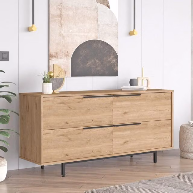 Madia Follo DMORA, Credenza moderna con 4 vani in legno rovere marrone, L: 160 cm, P: 45 cm, H: 74 cm