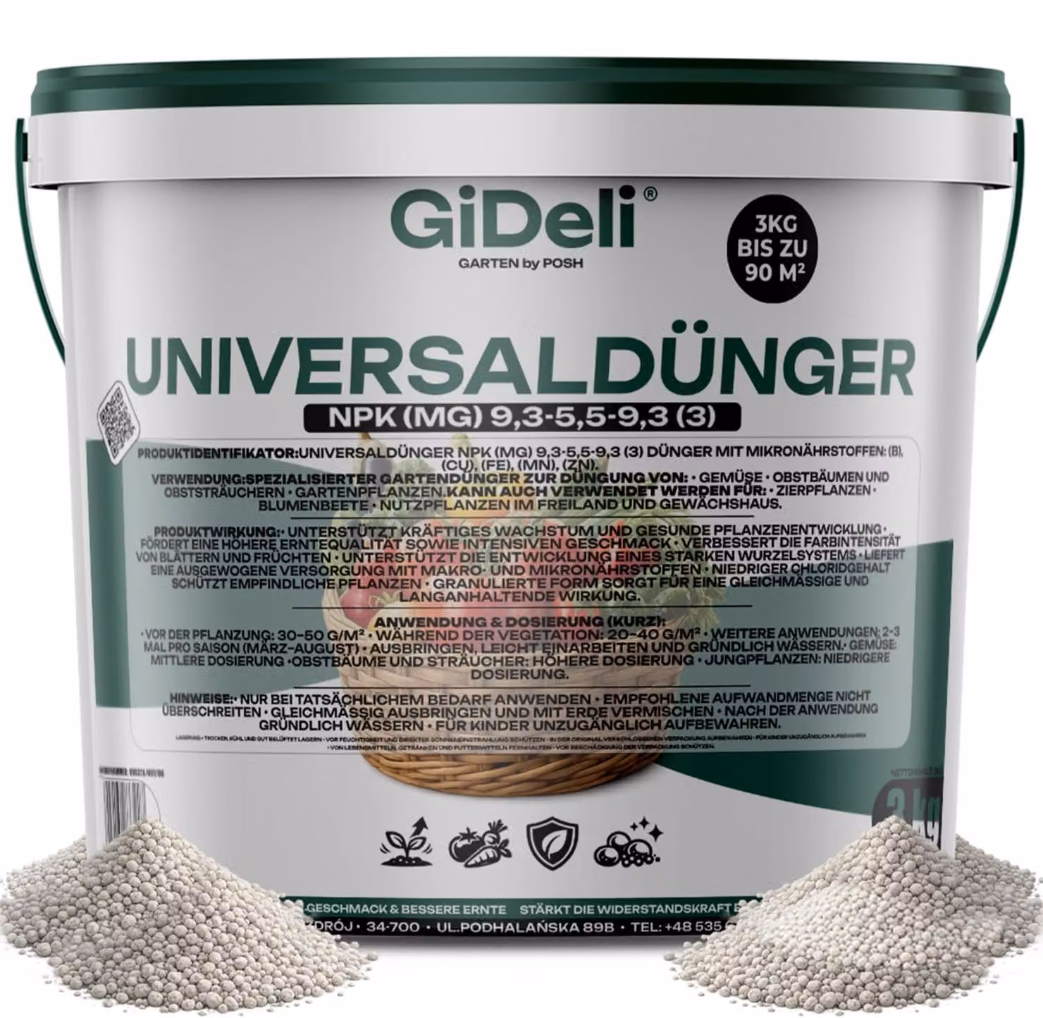 Concime universale 3 kg, fertilizzante per giardino, a basso contenuto di cloruri, adatto per ortaggi e frutta, a lenta cessione, marca GiDeli
