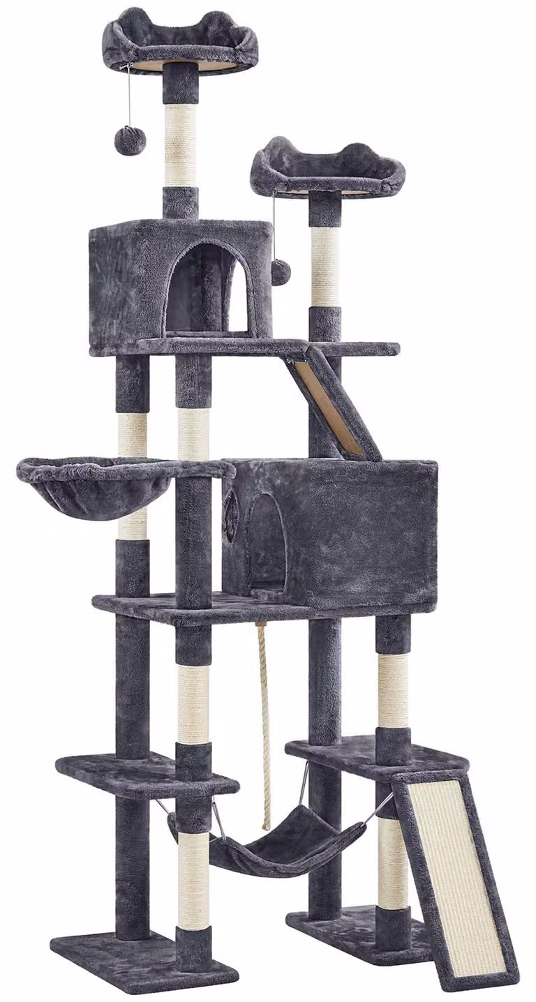 Yaheetech, albero per gatti grande XXL, altezza 209 cm, con 8 pali per graffiare, colore grigio scuro