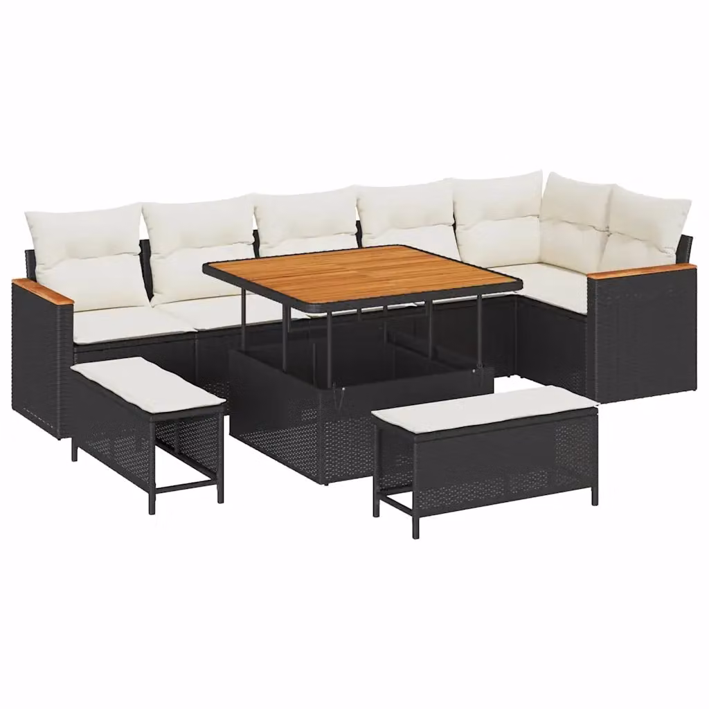 Set Divano da Giardino vidaXL a Forma di L con 9 Pezzi, Nero, con Cuscini e Tavolino da Caffè – 2