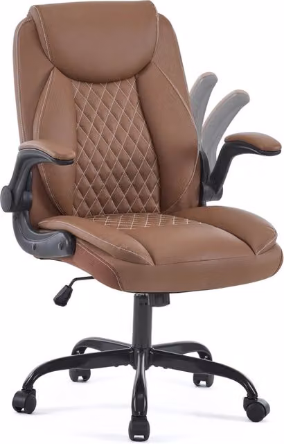 Sedia da ufficio ergonomica Minimal in ecopelle marrone con struttura in metallo e ruote girevoli – 1