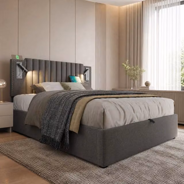 Letto matrimoniale 160x200 cm con contenitore; testiera regolabile; luce da lettura e porte USB/Type-C; grigio