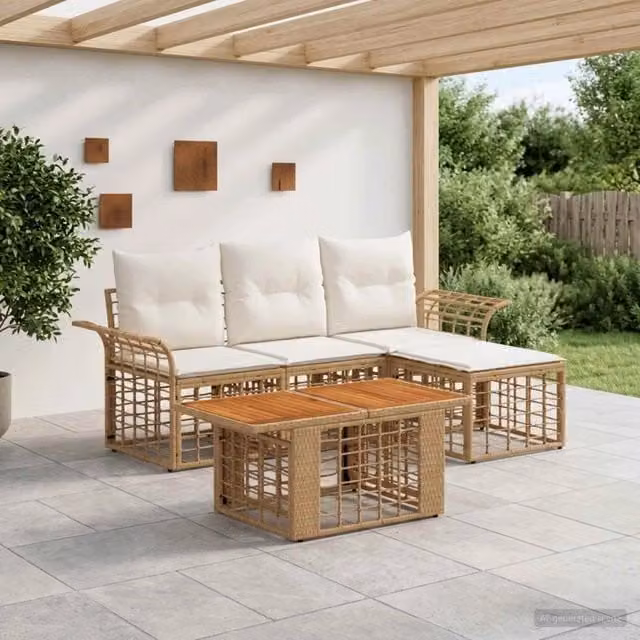 Set Divano da Giardino 5 pz Naturale e Bianco Crema polyrattan 3437972