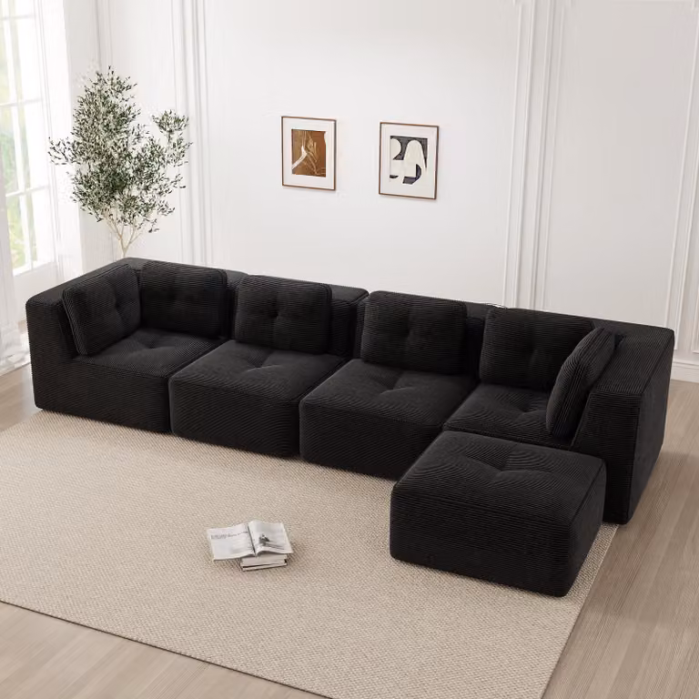Divano modulare per soggiorno, senza necessità di montaggio, 4 posti, rivestito in corda, seduta profonda, antiscivolo (nero)