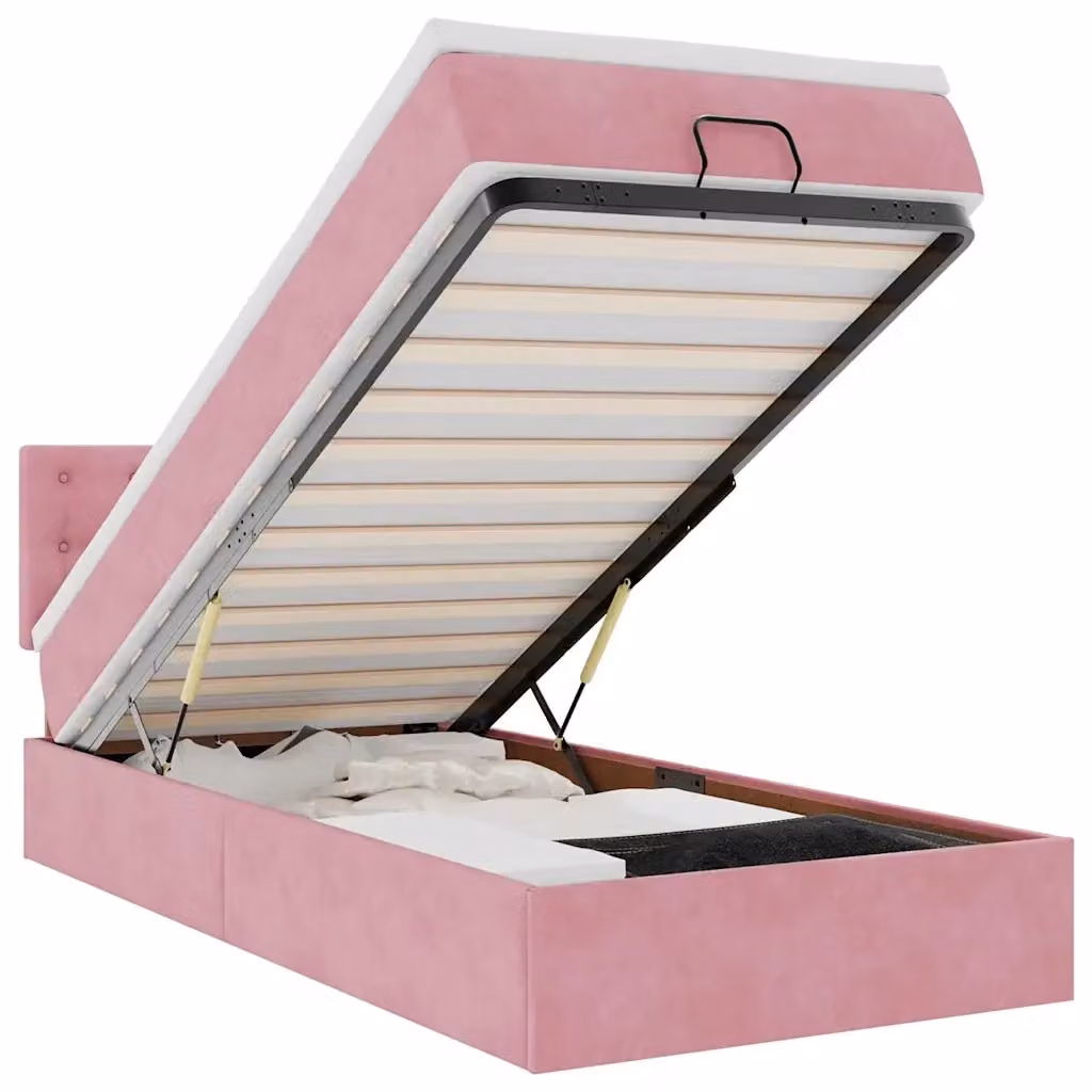 Letto con contenitore a sollevamento vidaXL in velluto rosa e bianco con porta USB e illuminazione sottostante L: 200 cm, P: 140 cm, H: 100 cm – 2