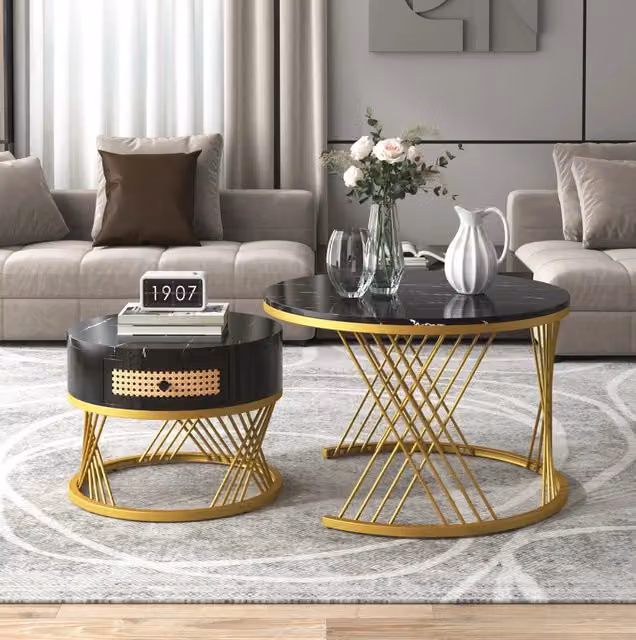 Set di 2 tavolini rotondi da salotto neri con effetto marmo, cassetto e gambe dorate