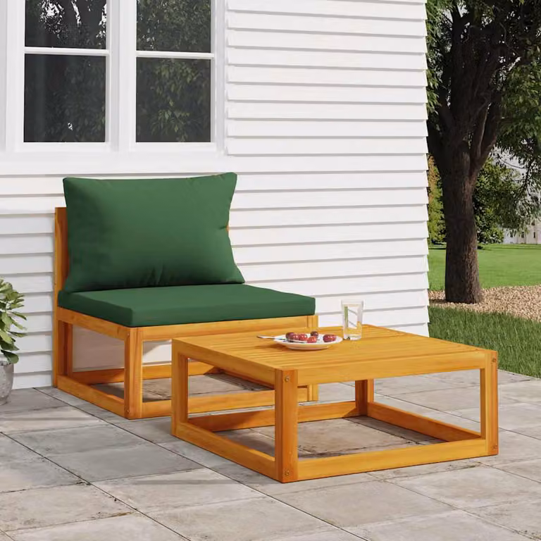 Set da giardino vidaXL composto da divano a 2 posti e tavolino da caffè in legno di acacia con cuscini verdi