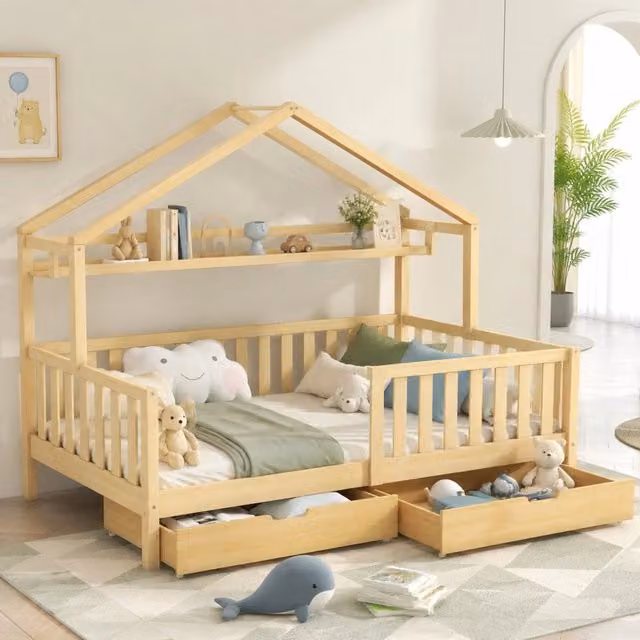 Letto per bambini a forma di casetta in legno di pino naturale con cassetti, rete a doghe, 90x200 cm