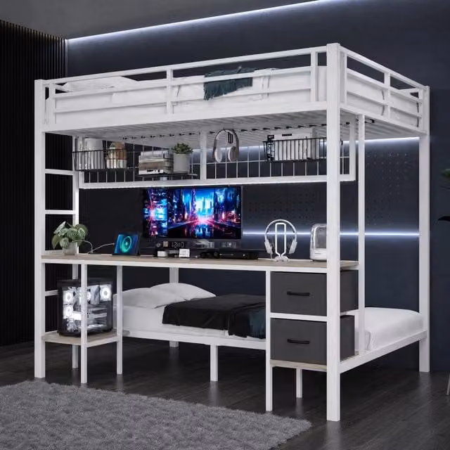Letto a castello 90x200/140x200 cm bianco – scrivania e LED, senza materasso