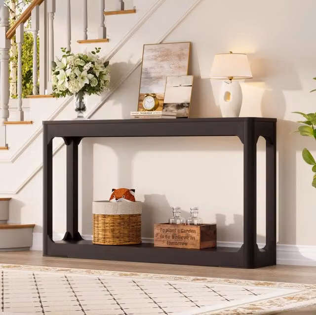 Tavolo consolle nero da 140 cm in MDF con ripiani aperti
