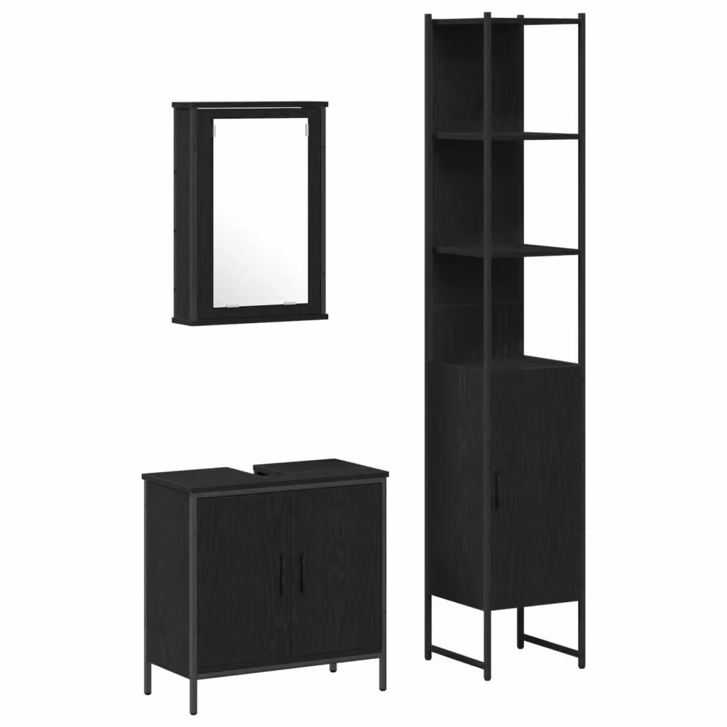 Set di mobili per il bagno vidaXL in 3 pezzi nero opaco composto da mobile specchio, mobile sottolavabo e mobile laterale H x L x P: 185,5 x 60 x 42 cm – 2