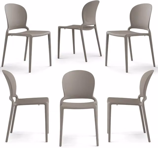 Set 6 sedie in polipropilene JASMINE, impilabile, resistente ai raggi UV, design moderno, ideale per sala da pranzo, cucina, sala d’attesa, bar, ristoranti o giardino colore Tortora