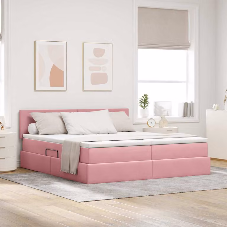 Letto con contenitore e luci LED vidaXL in velluto rosa con porte USB, L/P/H: 180 x 200 x 88 cm