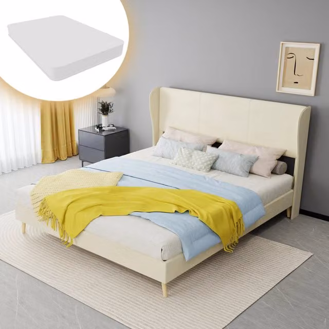 Letto matrimoniale imbottito 160×200 cm con testiera morbida, senza materasso, tessuto e metallo, beige