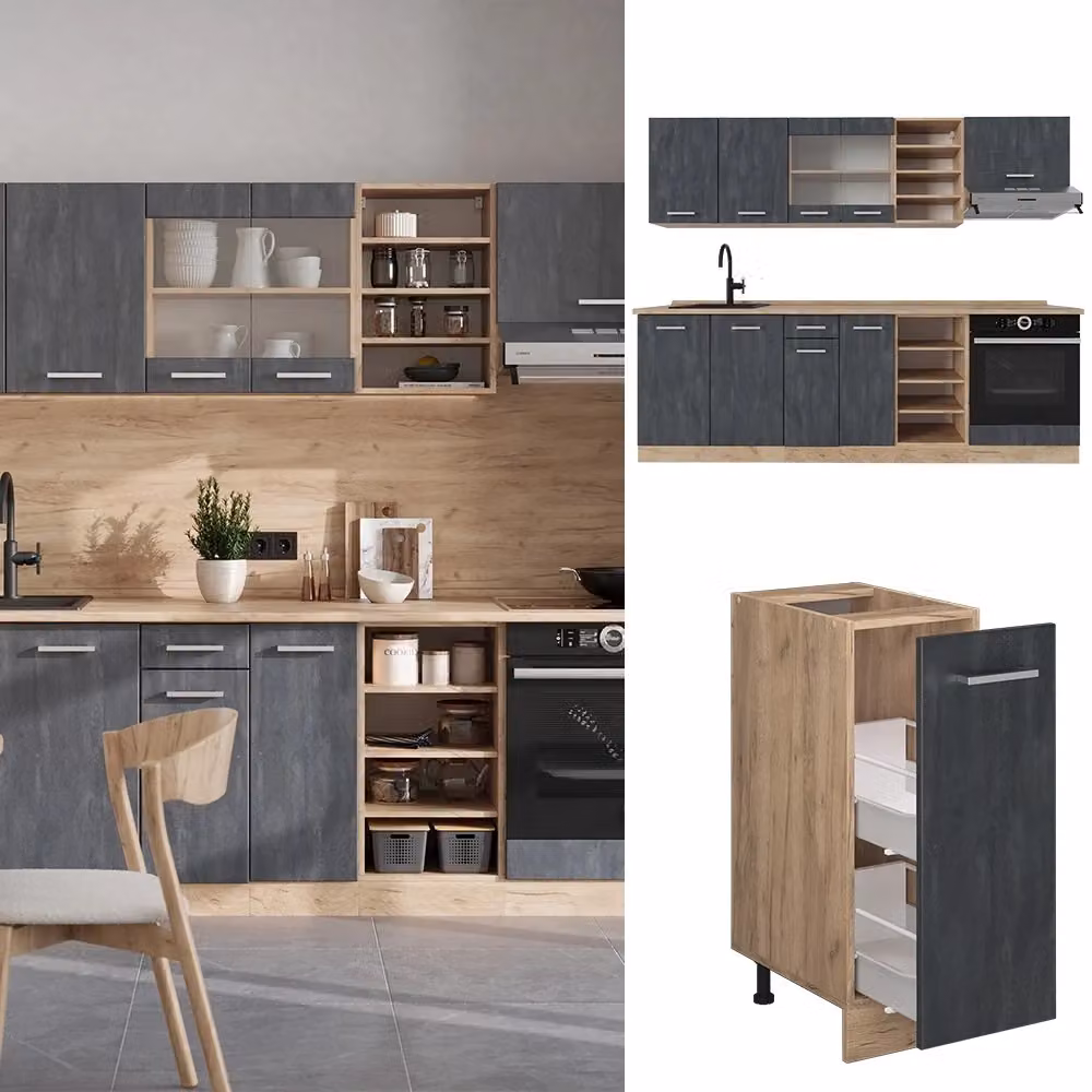 Cucina componibile moderna R-Line Vicco, Calce nera e Rovere dorato, L: 240 cm – 2