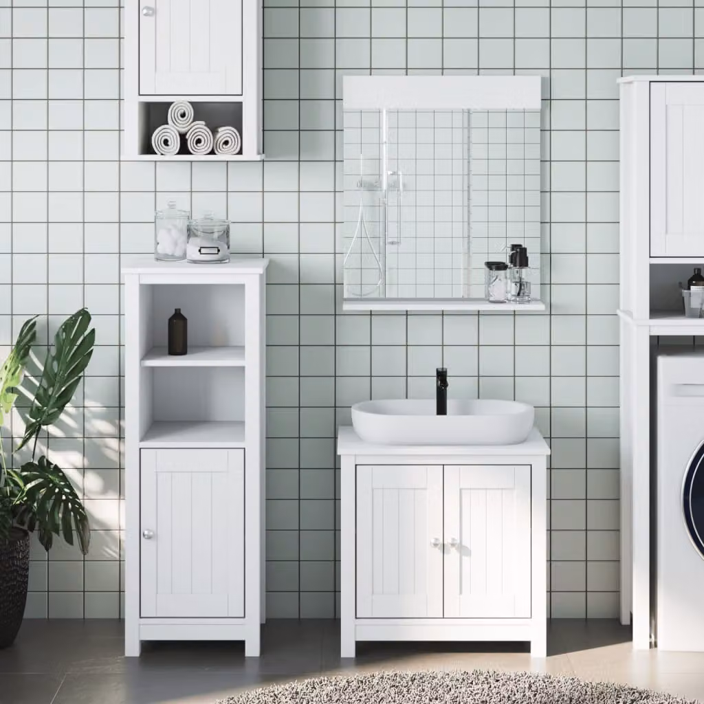 Set di mobili da bagno BERG vidaXL in legno di pino bianco, composto da 3 pezzi con base lavabo, mobile alto e armadietto con specchio – 1