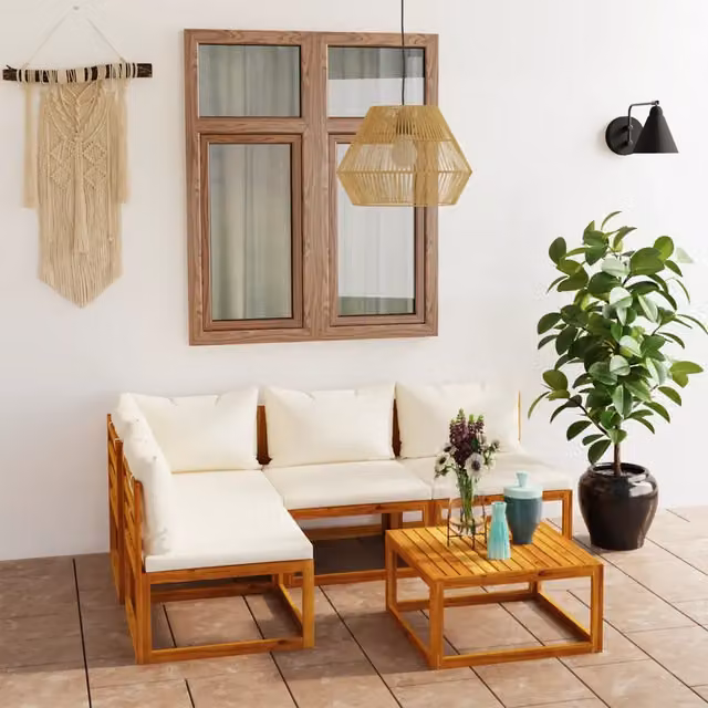 Set Divani da Giardino 5 pz con Cuscini Crema Massello Acacia 3057657