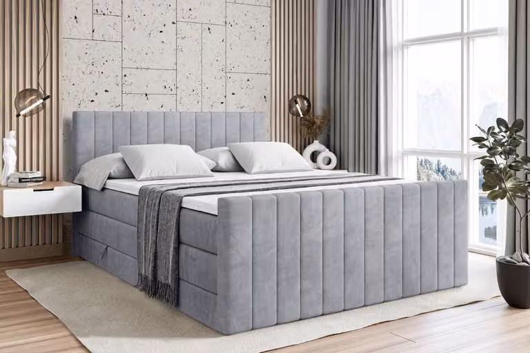 Letto boxspring ALTDECOR con pediera, 2 materassi e topper - 180x200 cm - EDITA-Z KING - Velluto grigio chiaro - Letto imbottito con materassi H3 e H4, contenitore e rete a doghe, letto con spazio contenitivo