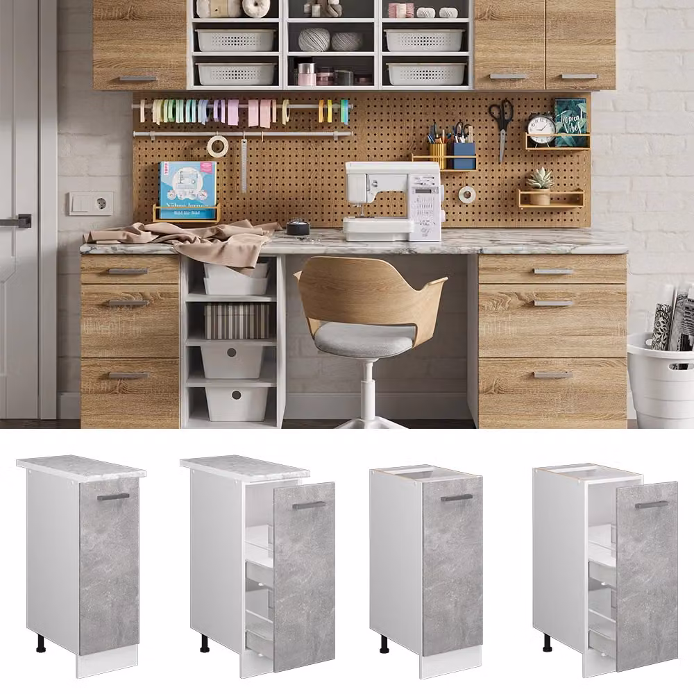 Base universale R-Line Vicco in calcestruzzo grigio con anta e piano di lavoro, L: 30 cm, H: 81,6 cm, P: 60 cm – 2