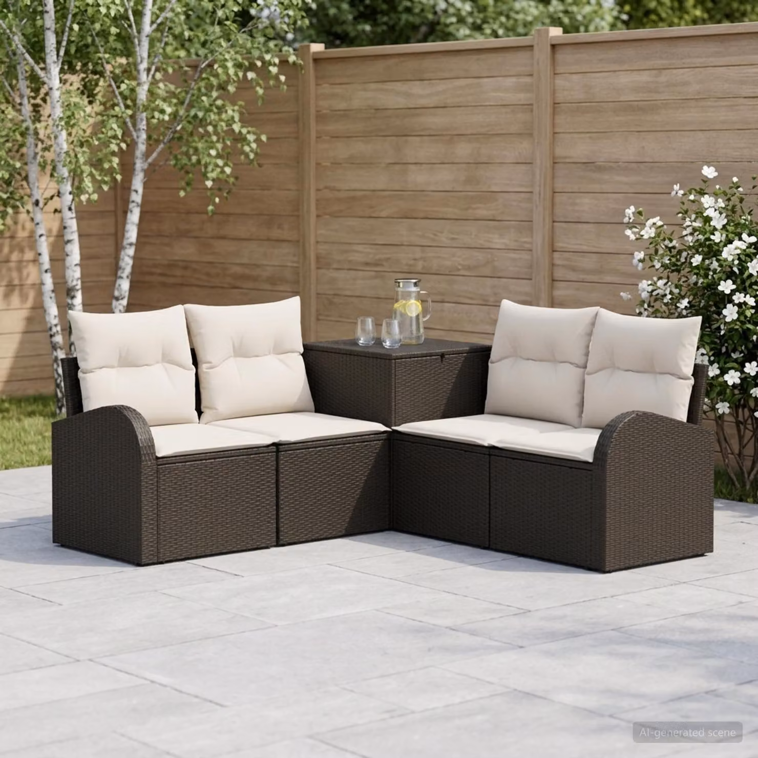 Set di divani da giardino a forma di L vidaXL con struttura in metallo e cuscini inclusi, colori nero, bianco e beige