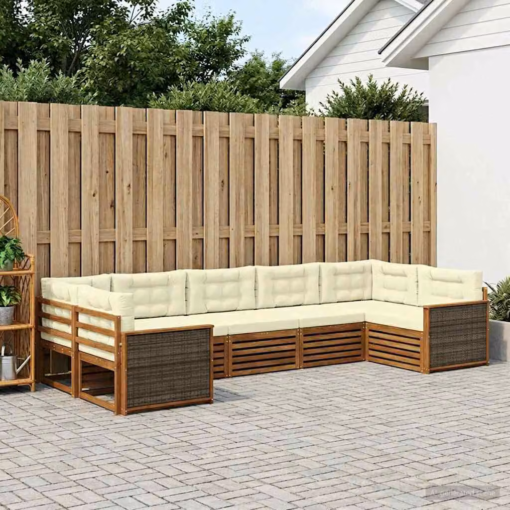 vidaXL Set di divani da esterno a forma di U in legno di acacia, 7 pezzi, Beige e Marrone