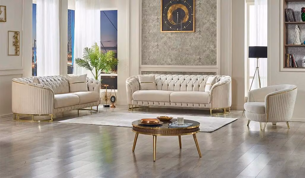 Weiß Sofagarnitur 3+3+1 Sitzer Wohnzimmer Modern Textil Polstermöbel