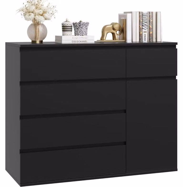 Comodino con 5 cassetti e 1 anta, dimensioni 100x40x80 cm, colore nero