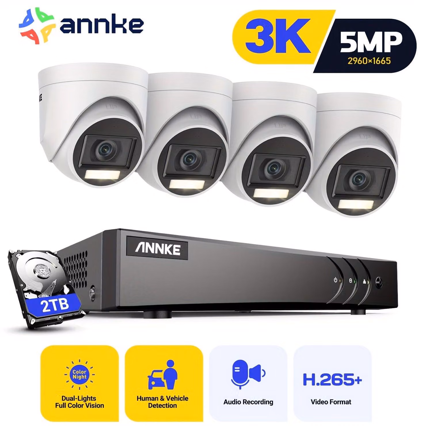Kit di telecamere di sicurezza con risoluzione 3K, rilevamento di persone e veicoli tramite intelligenza artificiale, disco rigido da 2TB e microfono