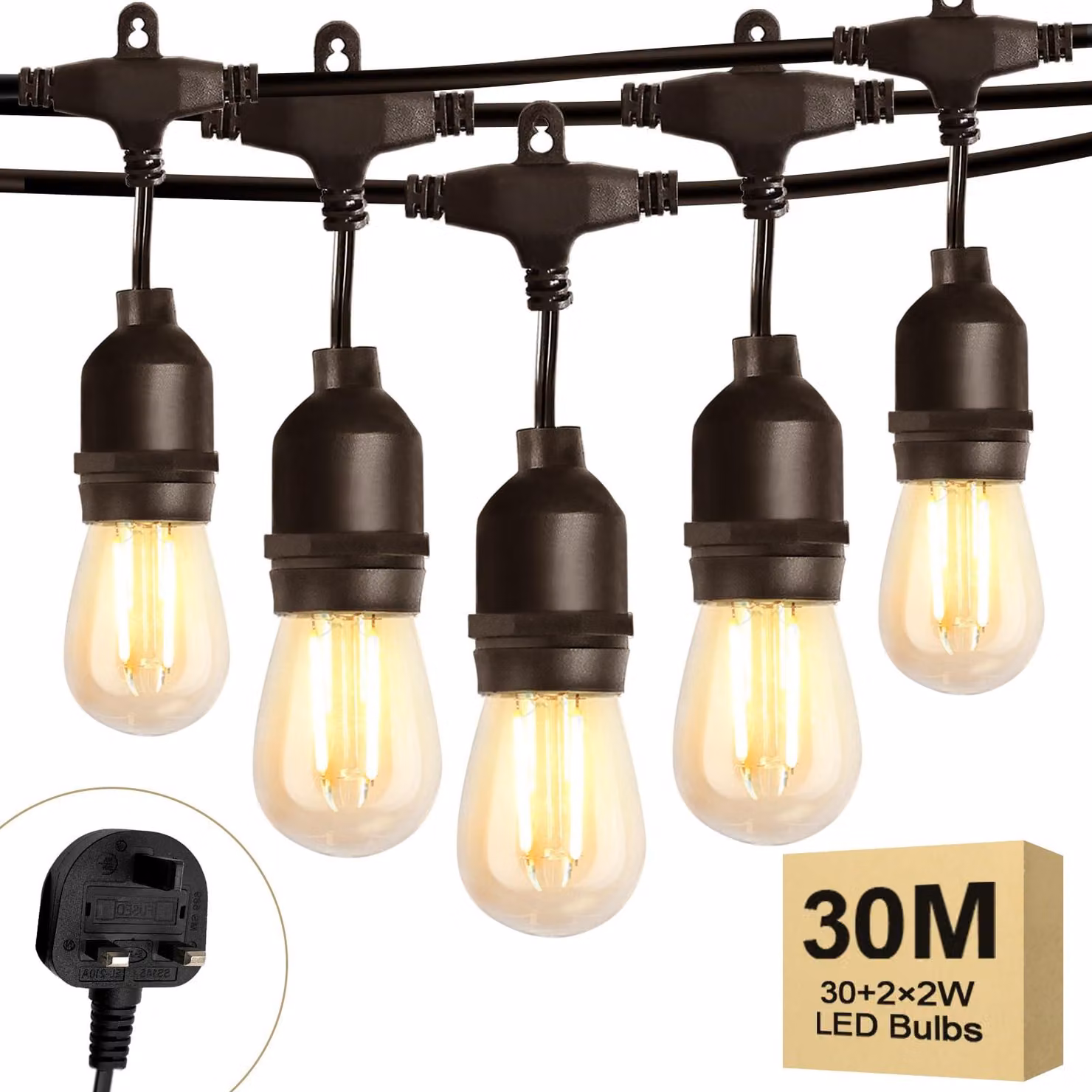 Catena luminosa da 30 metri con 32 lampadine LED S14, temperatura di colore 2700K, luce bianco caldo