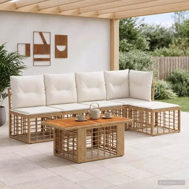 Set Divano da Giardino 6 pz Naturale e Bianco Crema polyrattan 3437856