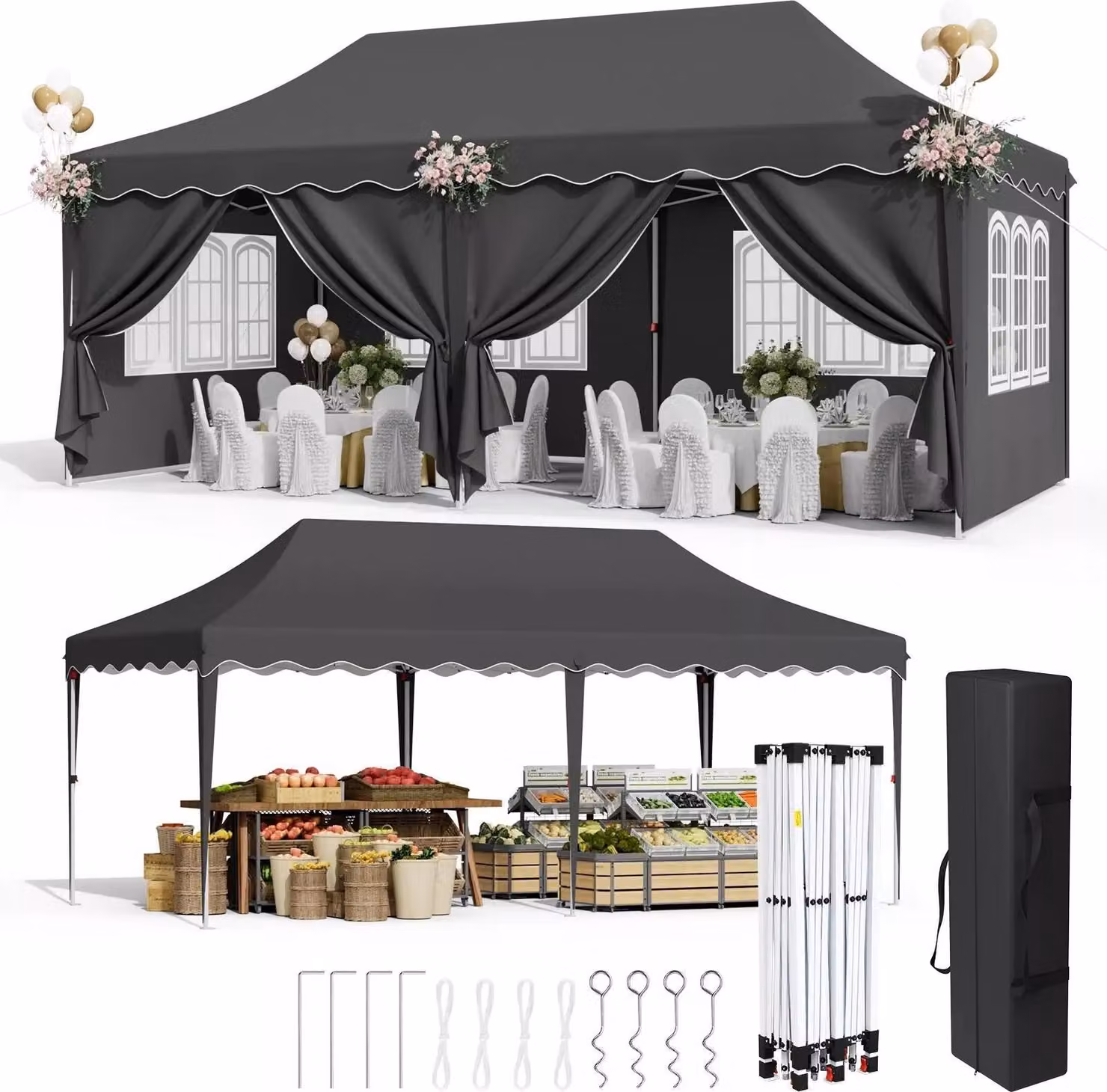 Gazebo pieghevole - Tenda da festa pop-up - 3x6 m - Rivestimento inPoliuretanoOxford 420D - Impermeabile, protezione UV 50+ - Struttura in acciaio - 6 pannelli laterali - Regolabile in altezza - Giallo