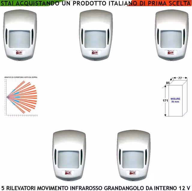 Set di 5 Sensori Infrarossi Grandangolo Securvera per Rilevamento Movimento, Portata 15 m, Angolo 90 Gradi, Bianco