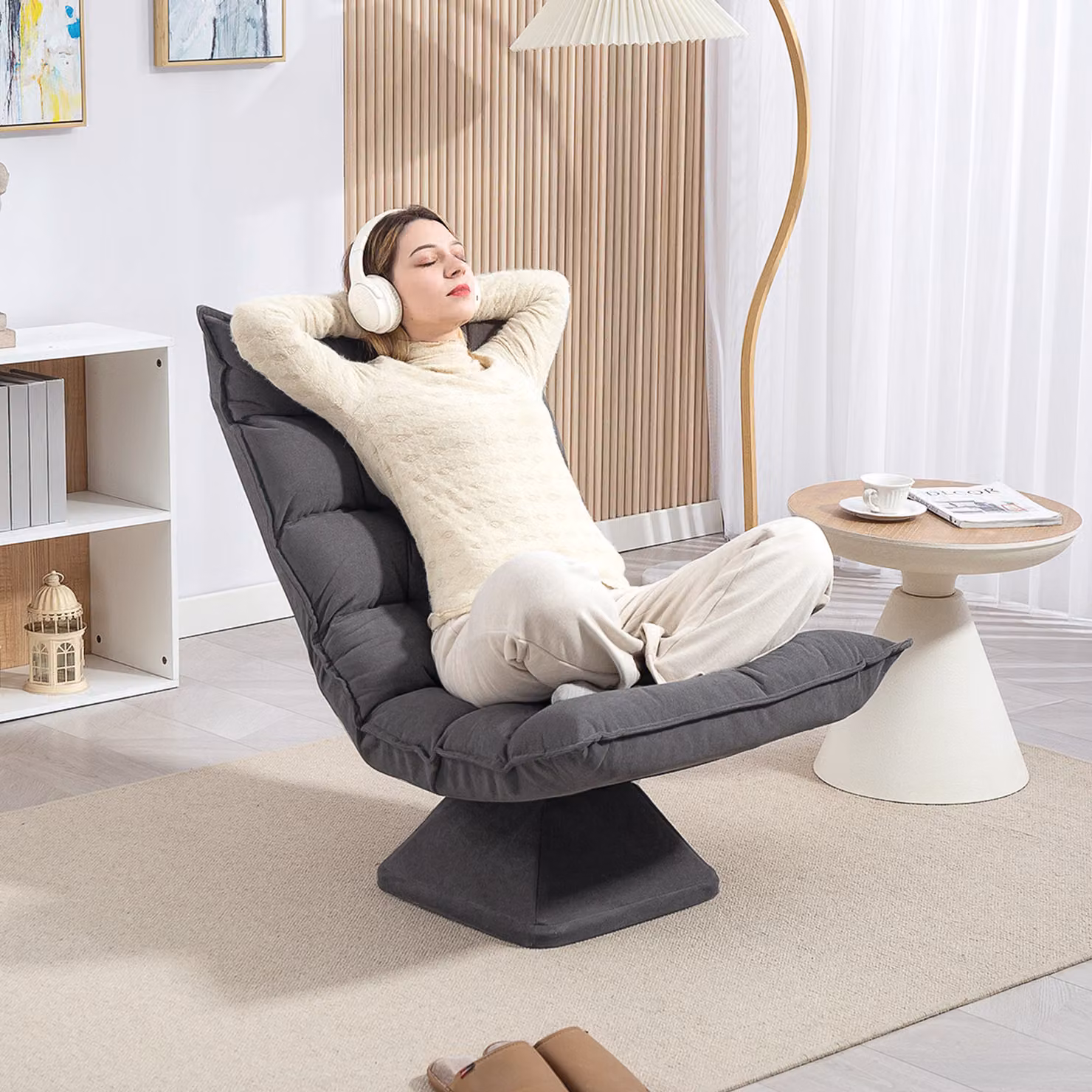 Poltrona girevole in velluto HOMCOM per salotto e ufficio, schienale regolabile in 5 posizioni, Grigio, L: 62 cm, P: 70 cm, H: 95 cm – 2