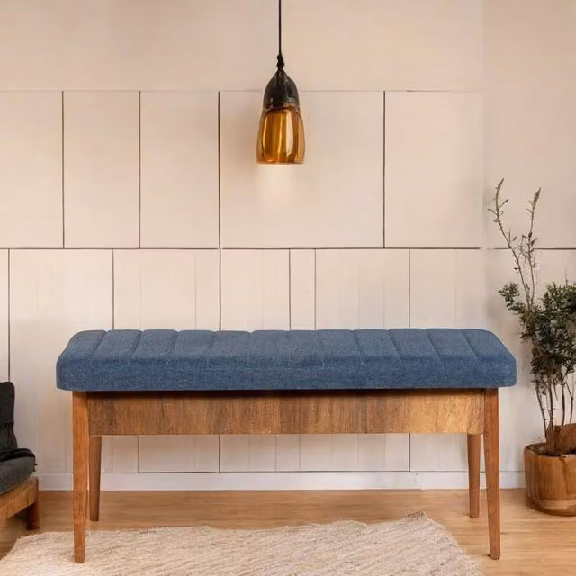 Panca DMORA in legno marrone e blu, portata 130 kg, L: 110 cm, P: 40 cm, H: 48 cm