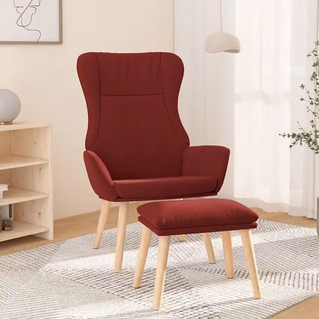 Poltrona Relax con Poggiapiedi Rosso in Tessuto e Struttura in Metallo e Legno – 1