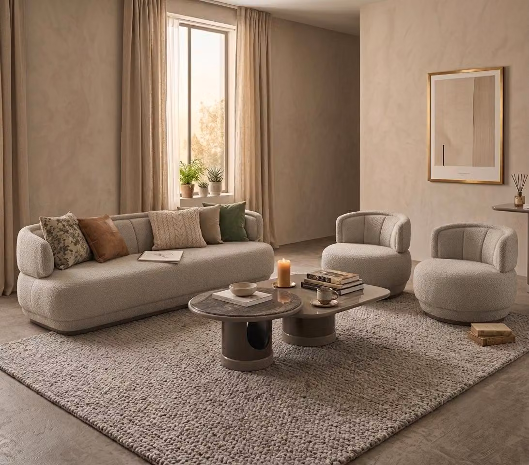Set per soggiorno: divano a 3 posti, tavolino, stile moderno, confortevole, elegante