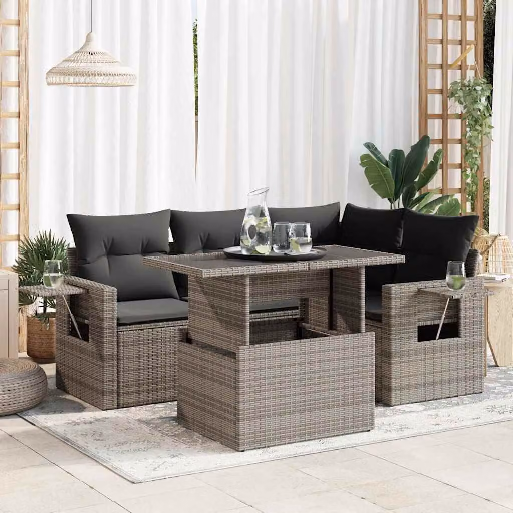 Set Divano da Giardino vidaXL 5 pz a Forma a L con Cuscini Grigio in Polyrattan e Struttura in Metallo