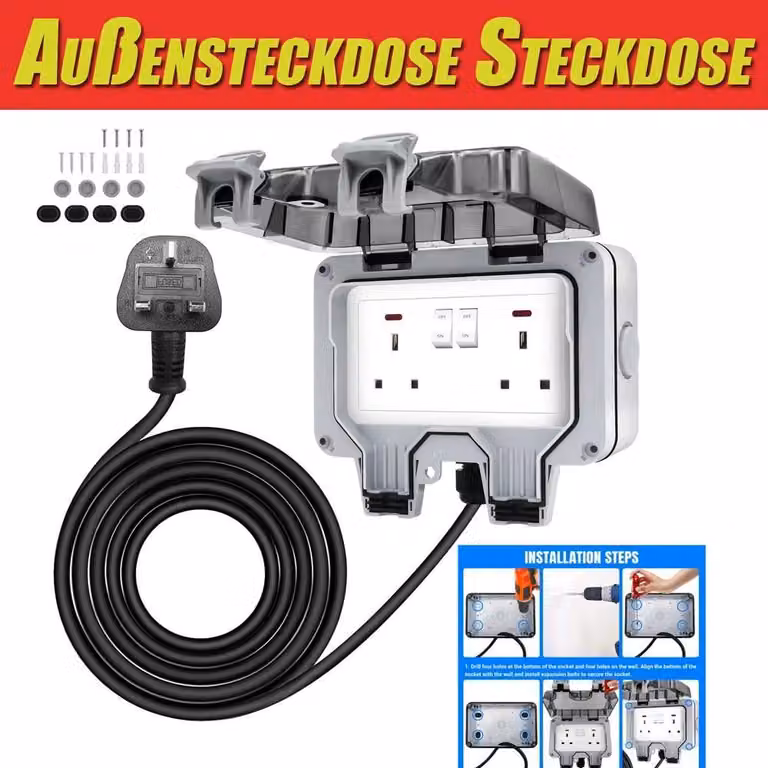 Presa esterna - Doppia presa - Grado di protezione IP66 (resistente all'acqua) - Cavo di alimentazione da 3 metri - 13 A - Coperchio con spia di controllo - Adatta per giardino, garage, capanno