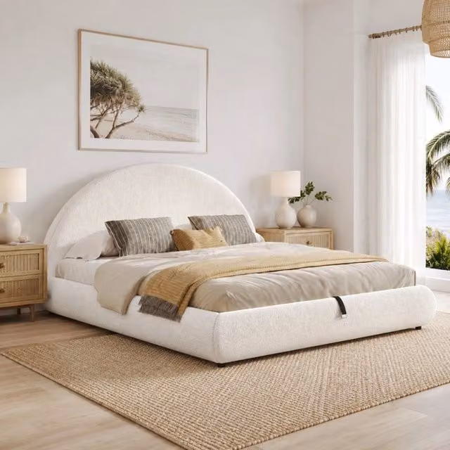 Letto con contenitore e rete a doghe in boucl¨¦ bianco con testiera imbottita