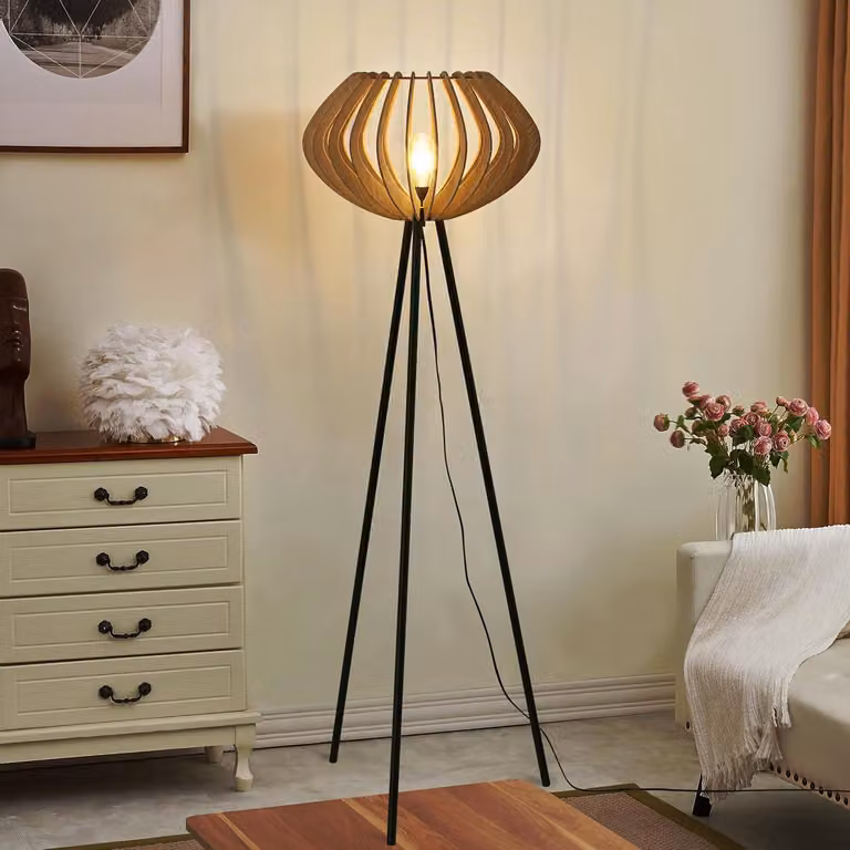 Lampada da terra a treppiede "METTE" in legno MDF, paralume industriale, stile bohémien moderno, con interruttore a pedale, per soggiorno, E27.